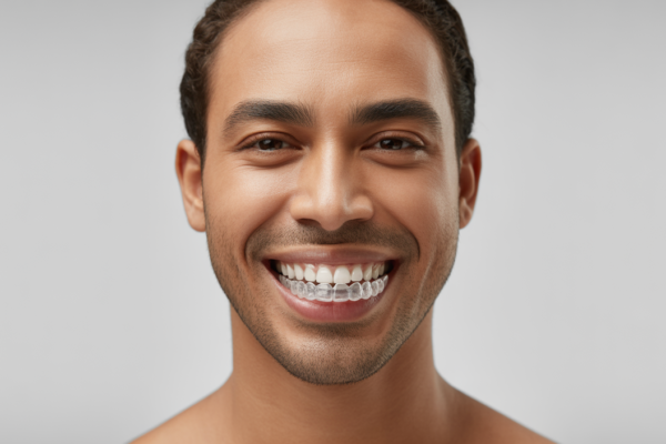 A close-up, wide-angle shot of a confident young professional smiling brightly, subtly revealing clear aligners on their teeth against a clean white background.