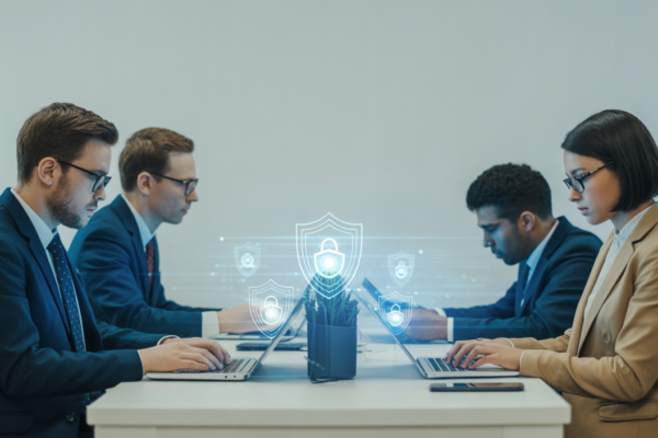 Photorealistic image of a small business team working with digital devices in a modern office symbolizing cybersecurity protection
