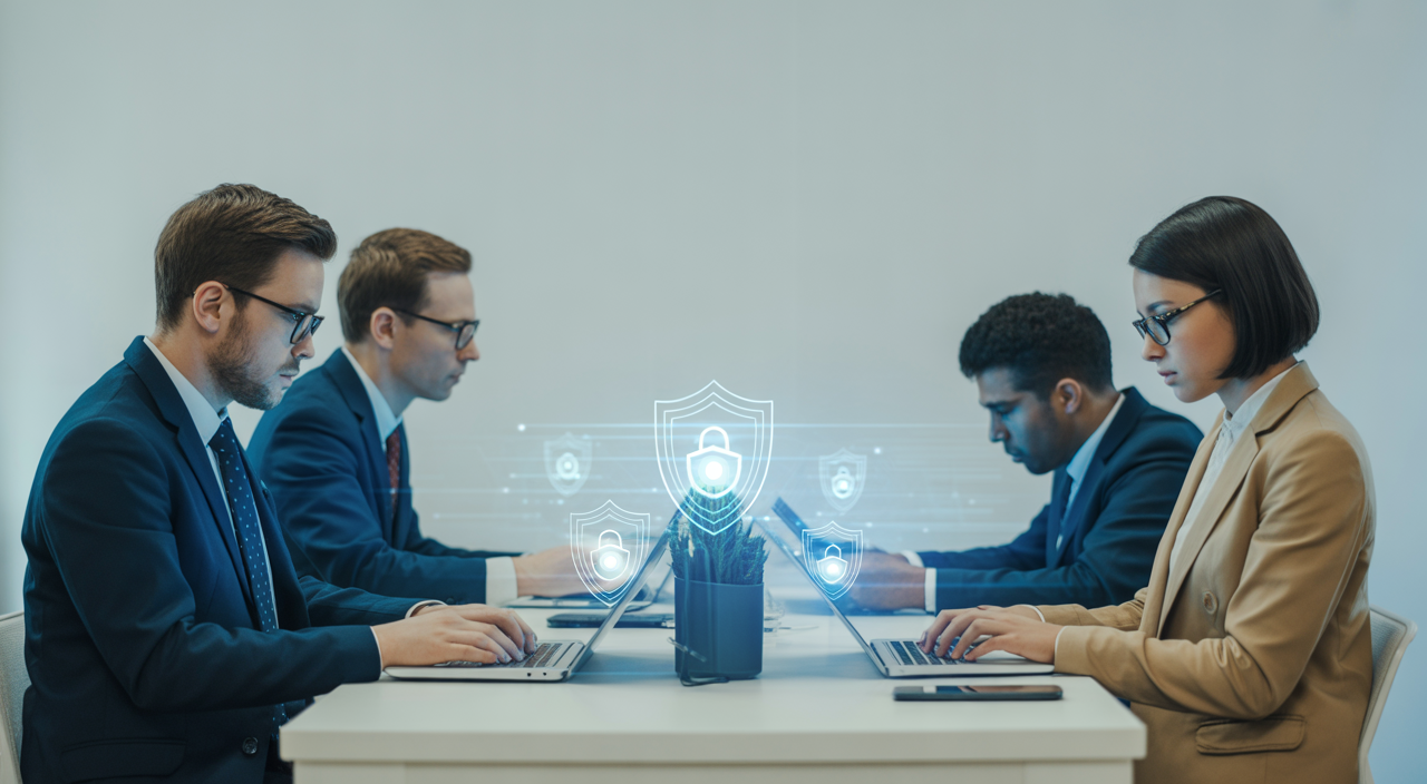 Photorealistic image of a small business team working with digital devices in a modern office symbolizing cybersecurity protection