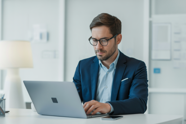 Small business owner working on laptop in a modern office symbolizing cybersecurity services for small businesses