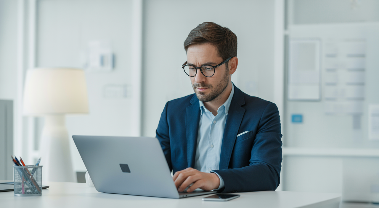 Small business owner working on laptop in a modern office symbolizing cybersecurity services for small businesses