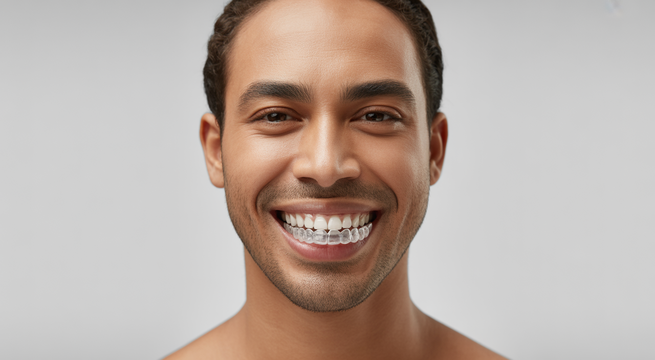 A close-up, wide-angle shot of a confident young professional smiling brightly, subtly revealing clear aligners on their teeth against a clean white background.