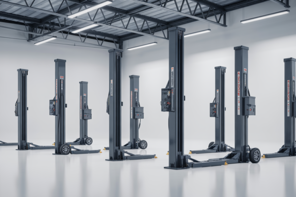 High-quality photograph of portable column lifts set up in a professional workshop environment with multiple lifting columns visible