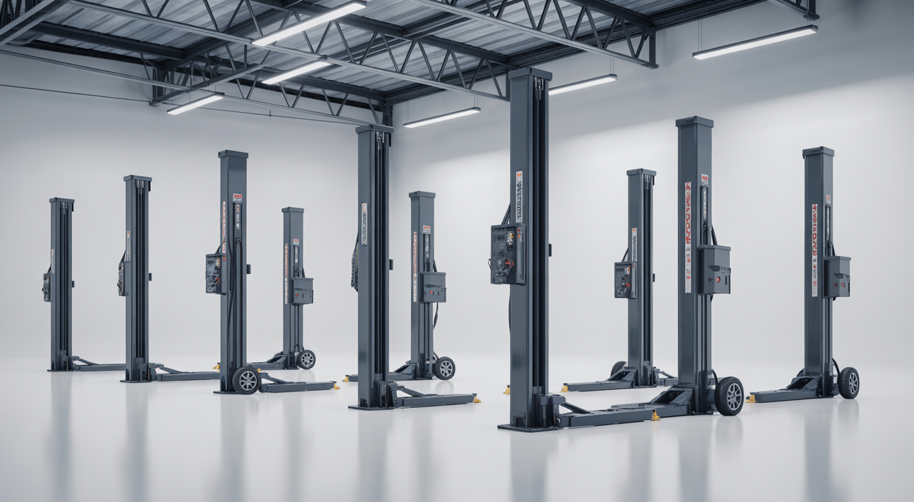 High-quality photograph of portable column lifts set up in a professional workshop environment with multiple lifting columns visible