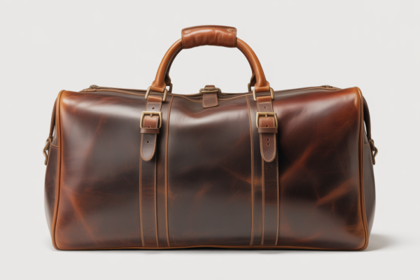 Photorealistic image of a vintage leather duffle bag with rich patina and classic design on a white background