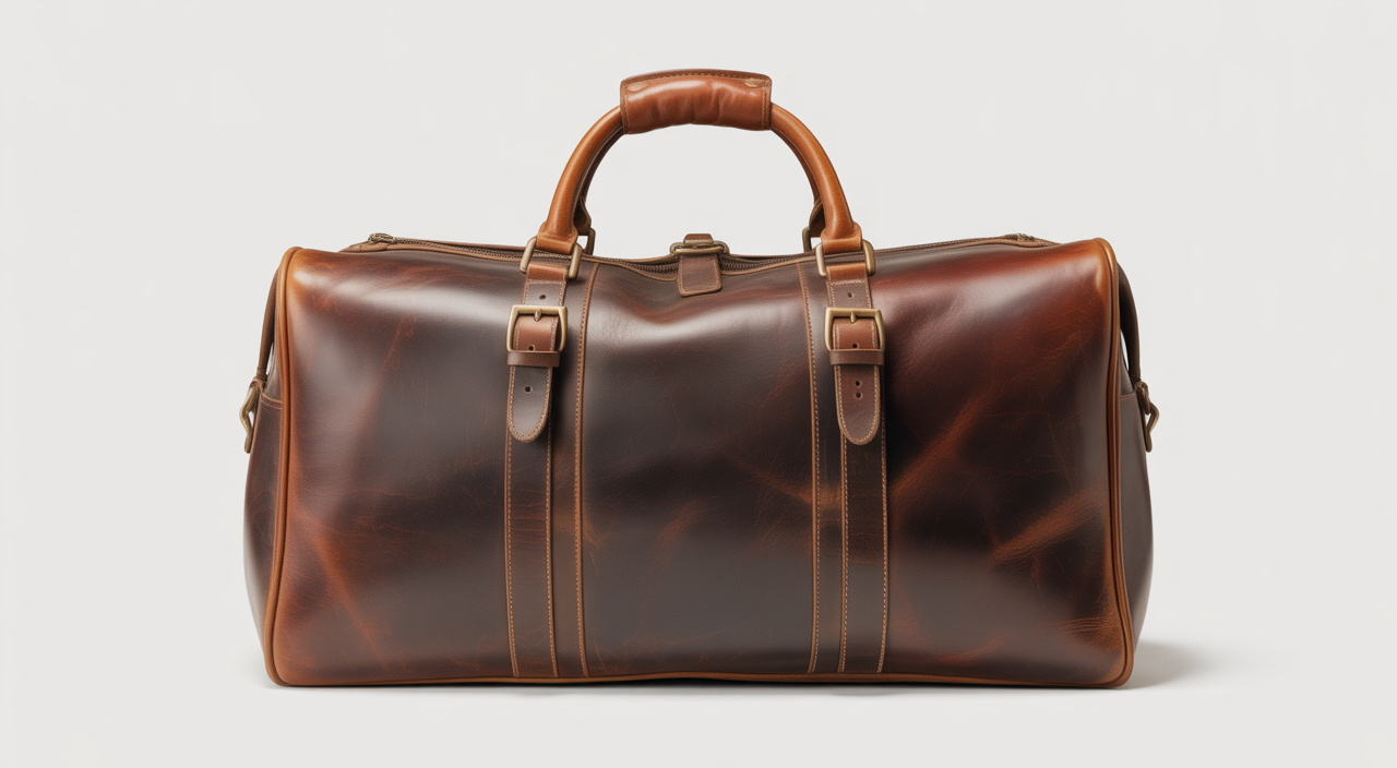 Photorealistic image of a vintage leather duffle bag with rich patina and classic design on a white background