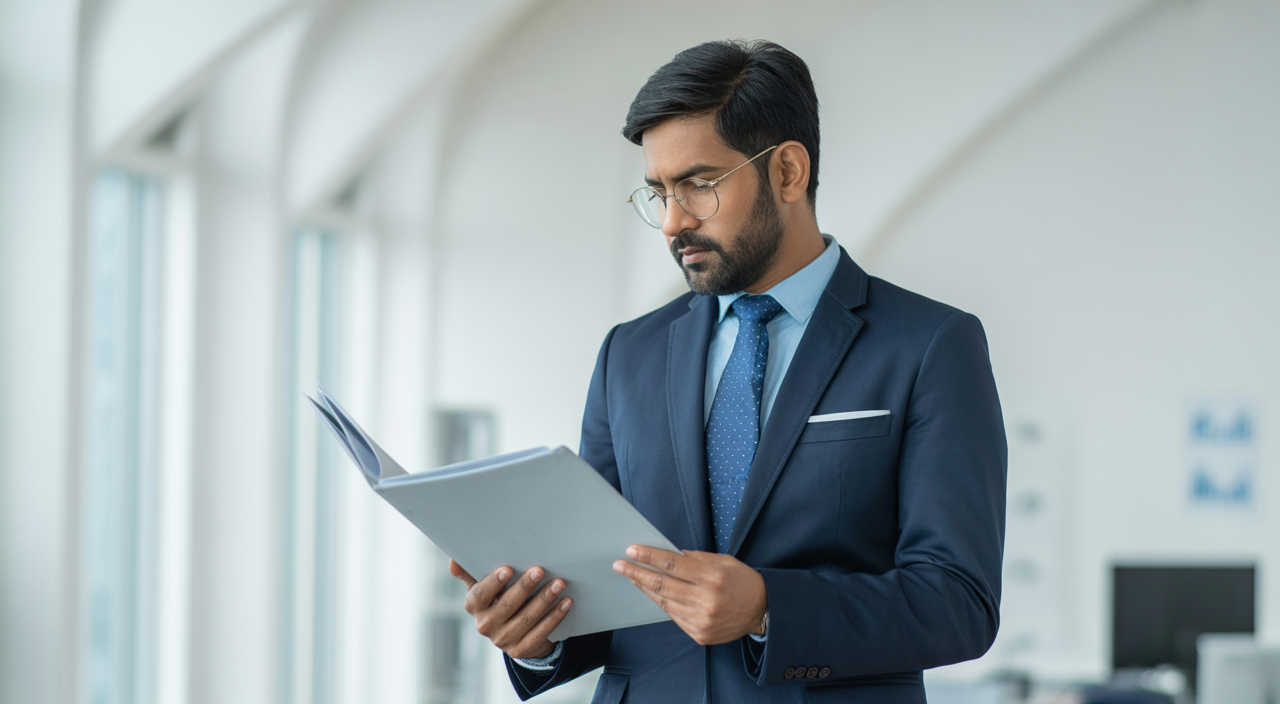 Indian business owner reviewing environmental compliance documents in a modern office setting