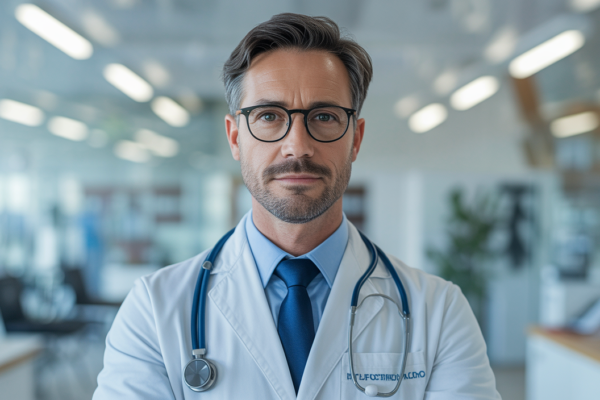 Photorealistic image of a confident primary care doctor in a modern clinic with a clean white background.