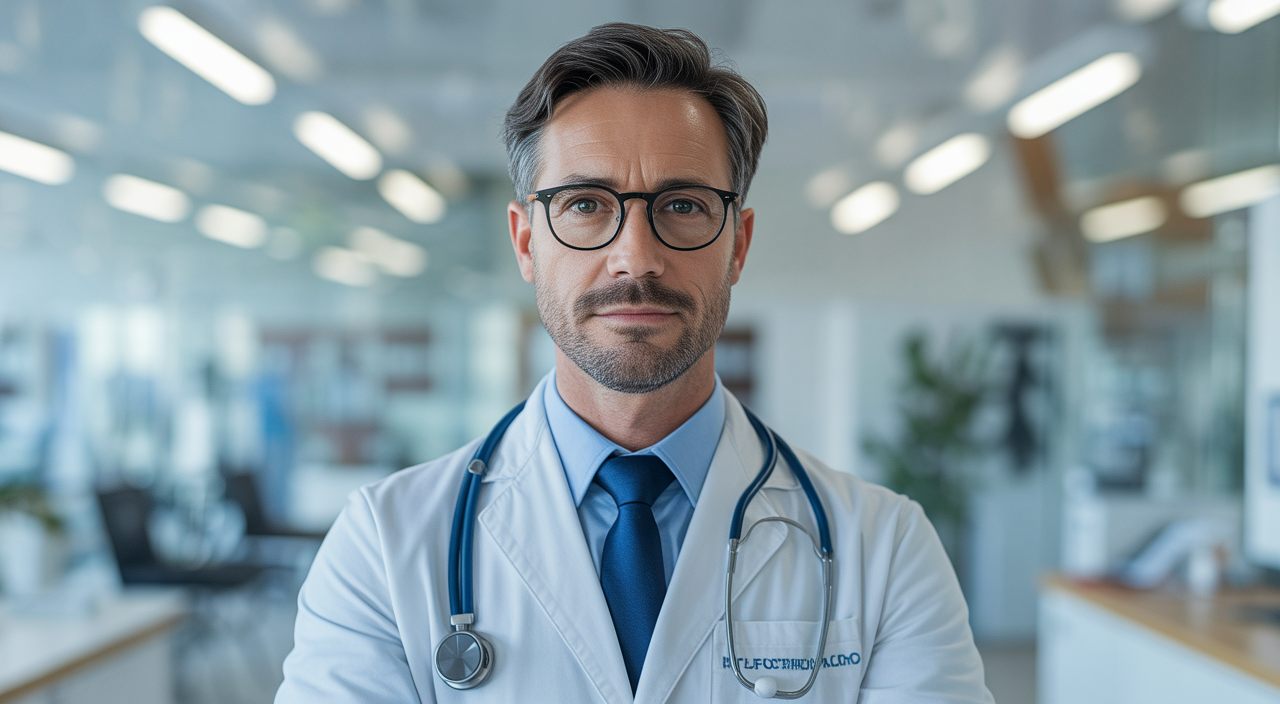 Photorealistic image of a confident primary care doctor in a modern clinic with a clean white background.