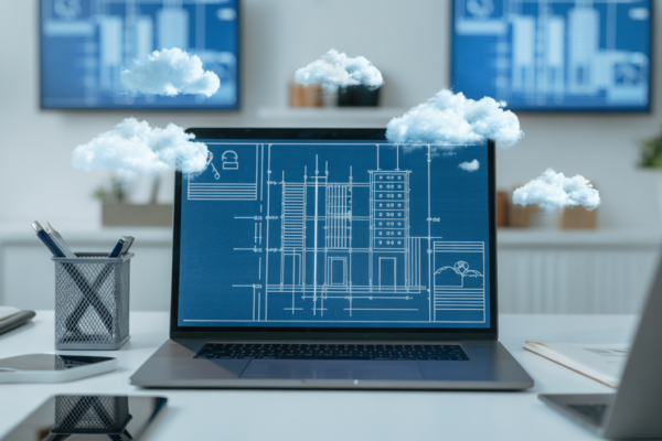 Hero image showing a professional digital workspace with building plans on laptop and cloud compliance icons symbolizing digital building regulation solutions