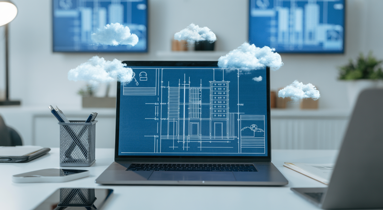 Hero image showing a professional digital workspace with building plans on laptop and cloud compliance icons symbolizing digital building regulation solutions
