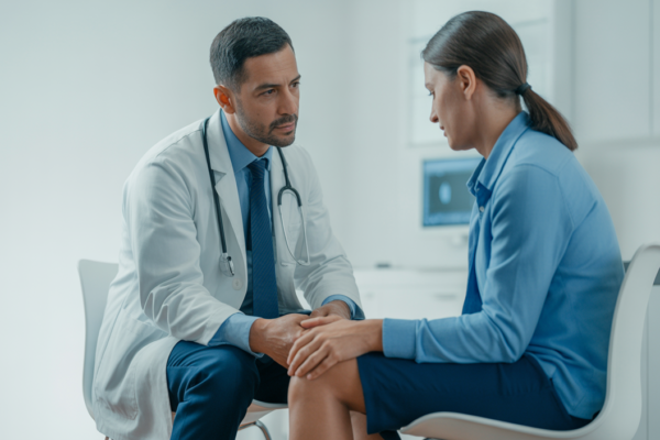 Photorealistic image of an orthopedic surgeon discussing treatment with a patient in a modern clinic