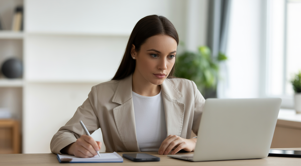 Photorealistic image of a young professional woman focused on taking an online exam on a laptop in a clean white workspace showing remote proctoring concept