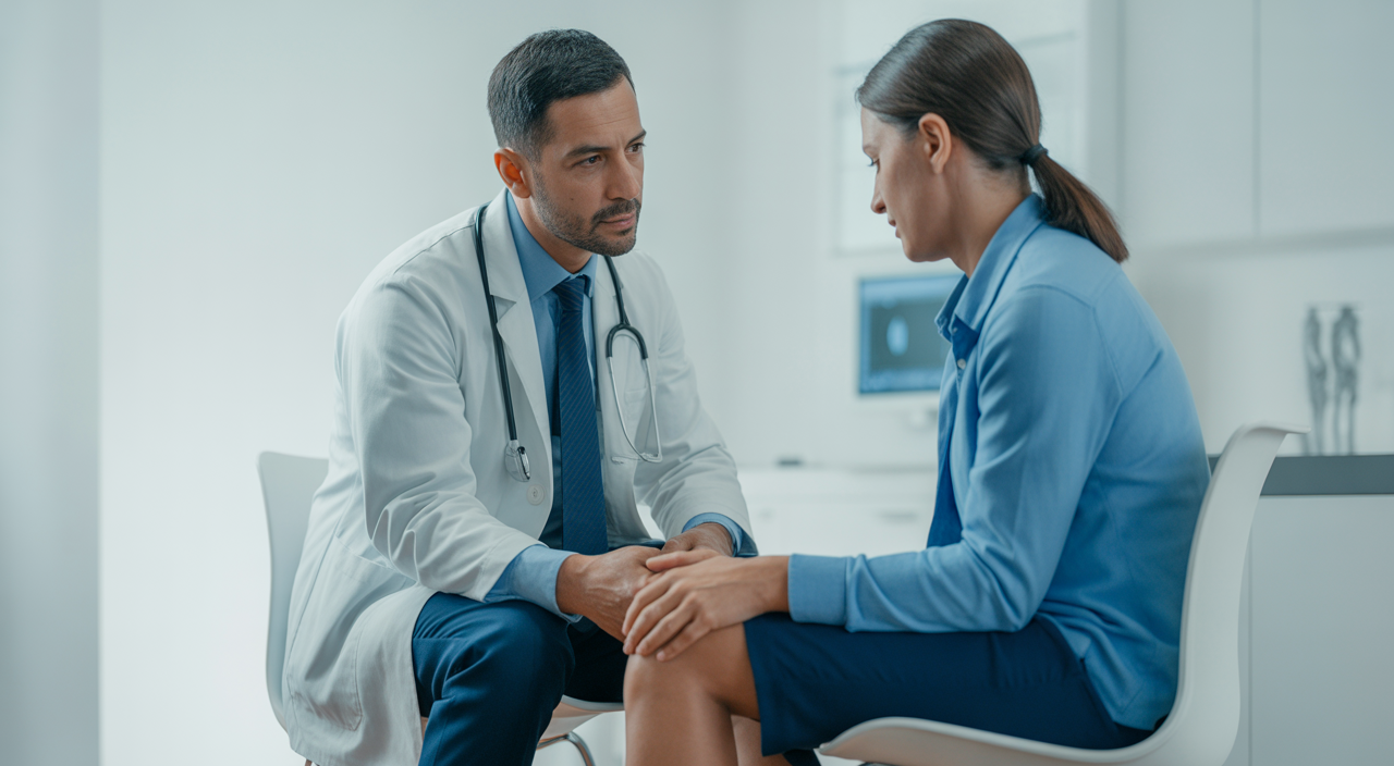 Photorealistic image of an orthopedic surgeon discussing treatment with a patient in a modern clinic