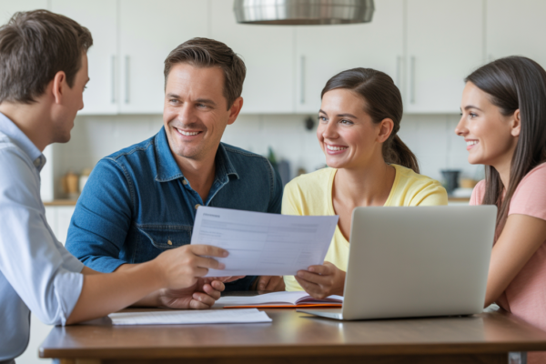 Happy family at dining table planning college applications with documents and laptop on white background