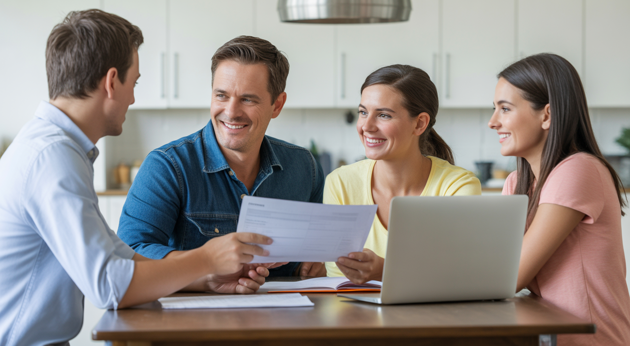 Happy family at dining table planning college applications with documents and laptop on white background