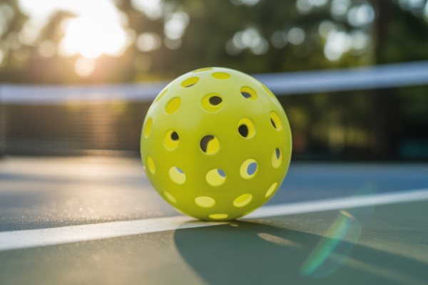 High-resolution photo of a single outdoor pickleball with 40 holes on a concrete surface under bright sunlight