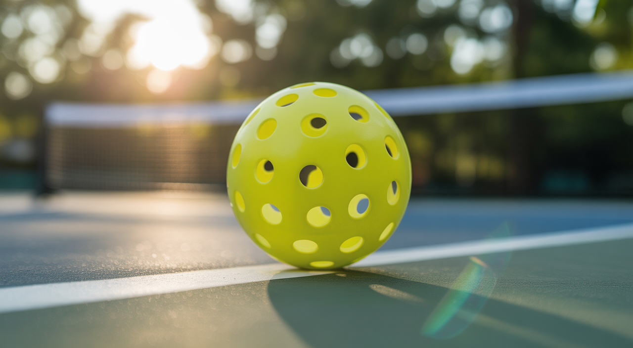 High-resolution photo of a single outdoor pickleball with 40 holes on a concrete surface under bright sunlight