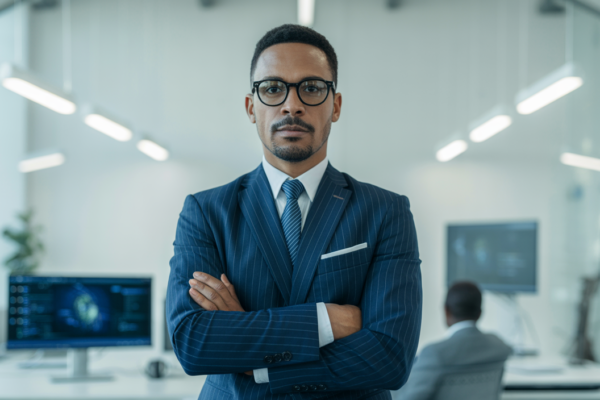 Photorealistic image of a confident cybersecurity consultant in a modern office with a clean white background symbolizing cybersecurity consulting in Canada