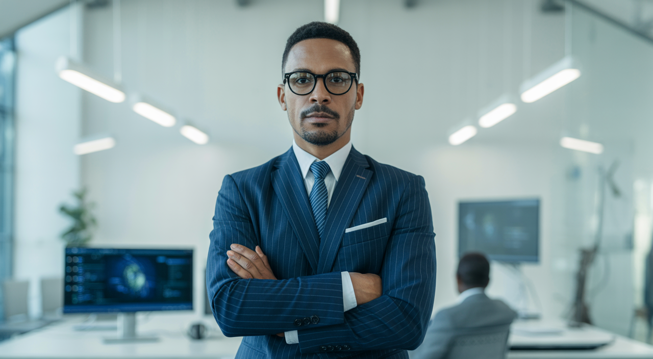 Photorealistic image of a confident cybersecurity consultant in a modern office with a clean white background symbolizing cybersecurity consulting in Canada