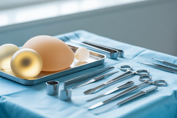 Sterile surgical instruments and implants prepared for breast augmentation procedure in a clean clinical environment