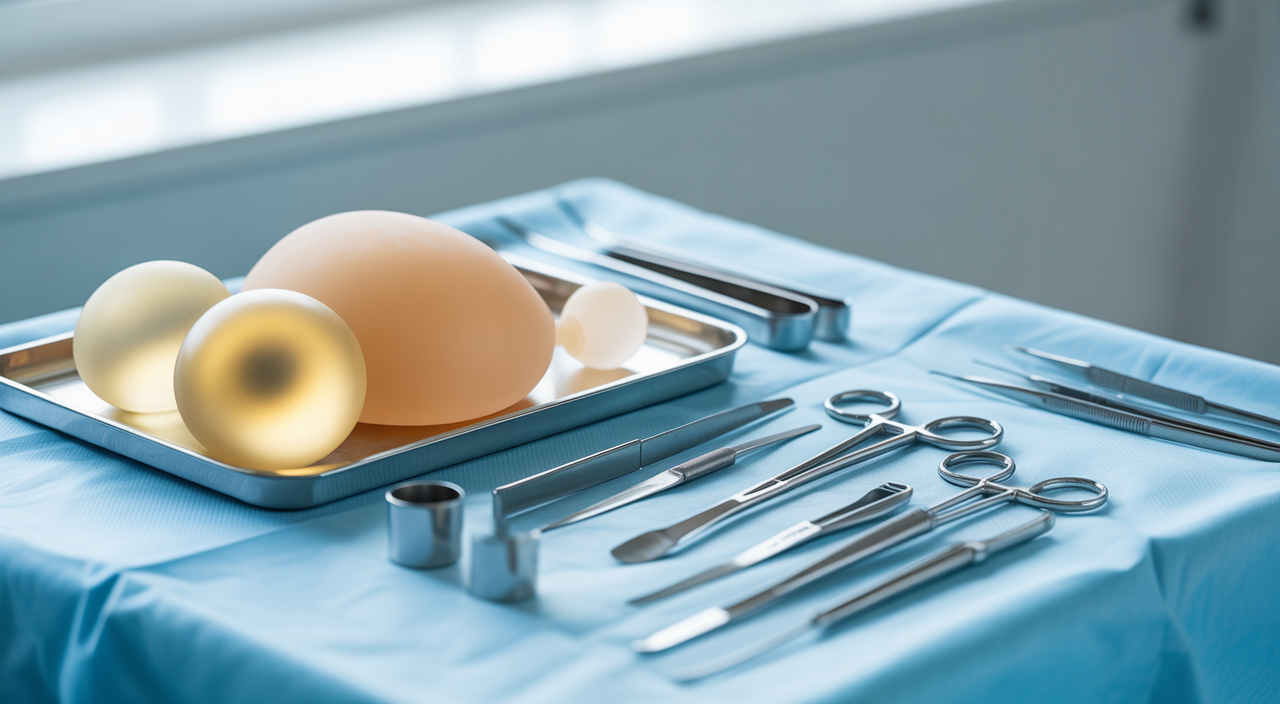 Sterile surgical instruments and implants prepared for breast augmentation procedure in a clean clinical environment