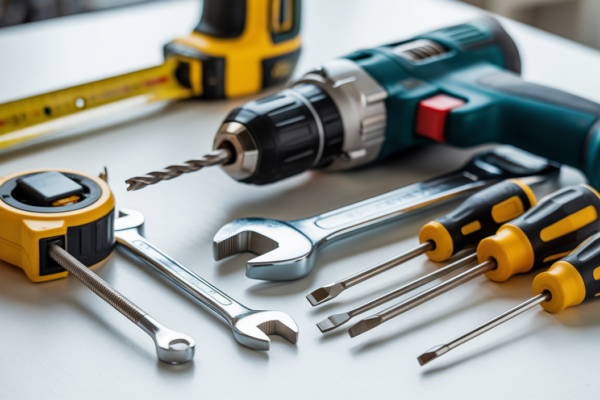 Neatly arranged professional handyman tools on a clean white surface representing handyman service equipment
