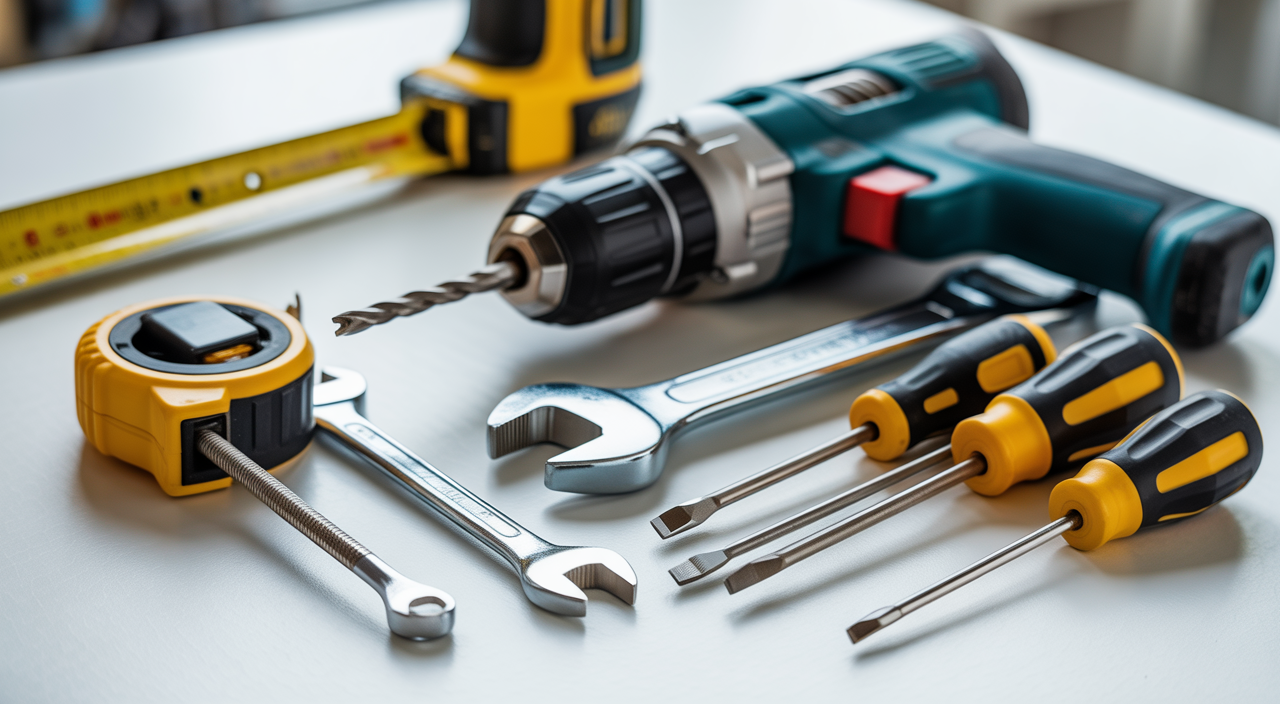 Neatly arranged professional handyman tools on a clean white surface representing handyman service equipment