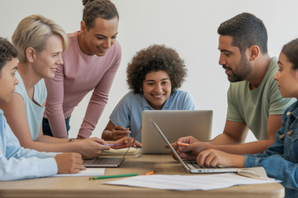 Photorealistic image of a diverse family collaboratively planning college preparation, symbolizing parental guidance in education planning