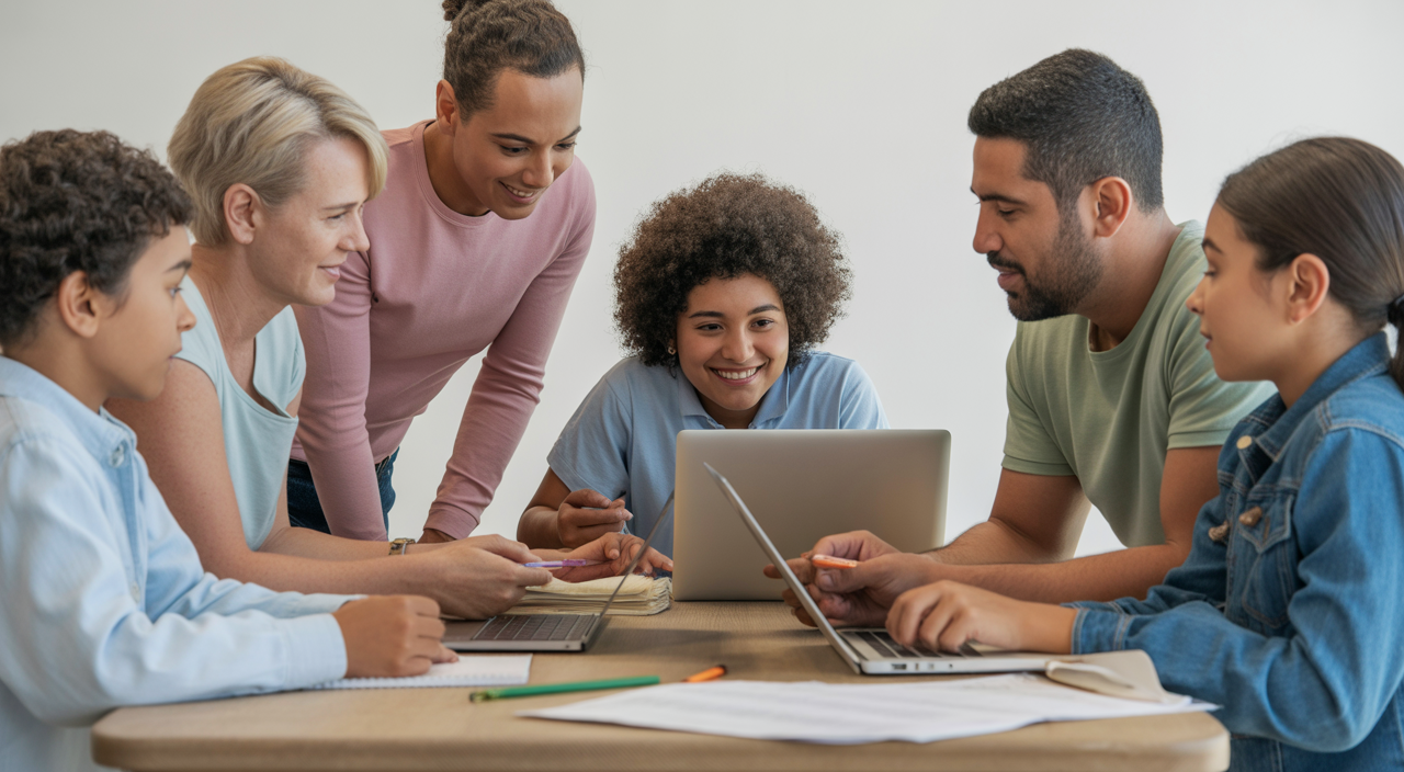 Photorealistic image of a diverse family collaboratively planning college preparation, symbolizing parental guidance in education planning