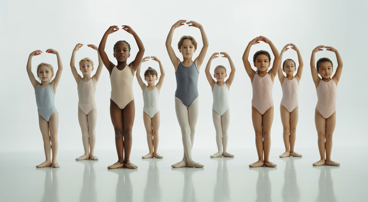 Young ballet dancers practicing in a well-lit professional studio with a clean white background